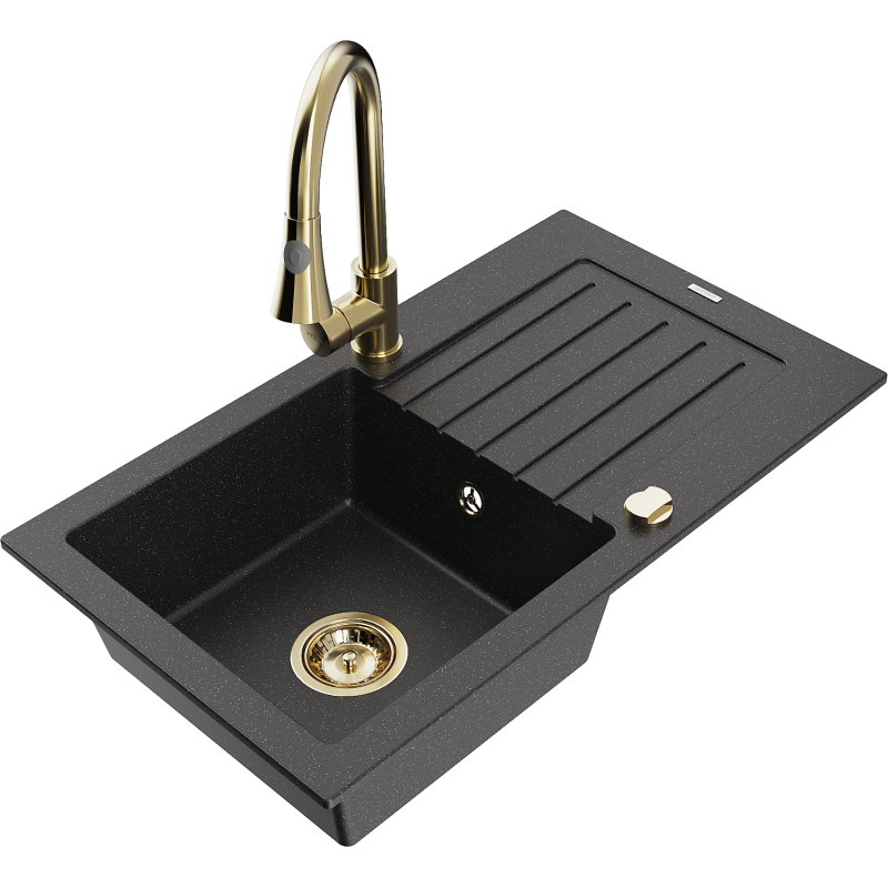 Mexen Pablo 1-bowl granite sink with drainer and Elia kitchen tap, black/silver metallic - 6510-73-670101-50