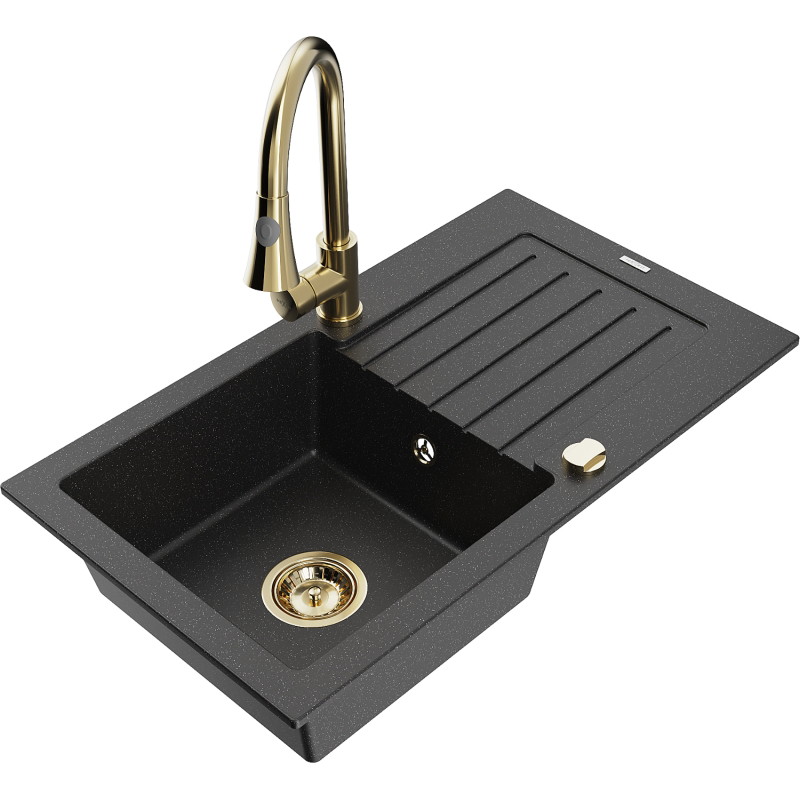 Mexen Pablo Granit kitchen sink, 1-bowl with drainer and Elia kitchen faucet, black/silver metallic - 6510-73-670101-50