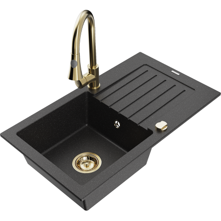 Mexen Pablo 1-compartment granite sink with a drip tray and kitchen mixer tap Elia, Black/Silver metallic - 6510-73-670101-50