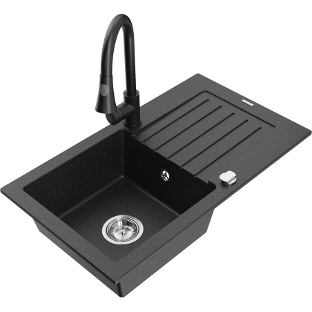 Mexen Pablo 1-Bowl Granite Sink with Drainer and Elia Kitchen Faucet, Black/Silver Metallic - 6510-73-670101-70