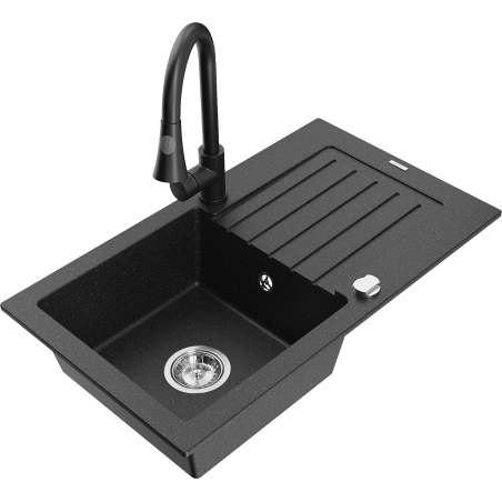 Mexen Pablo granite sink, 1-bowl with drainer and Elia kitchen tap, black/silver metallic - 6510-73-670101-70
