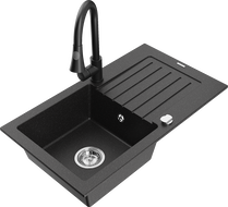 Mexen Pablo granite sink 1-bowl with drainer and kitchen faucet Elia, black/silver metallic - 6510-73-670101-70
