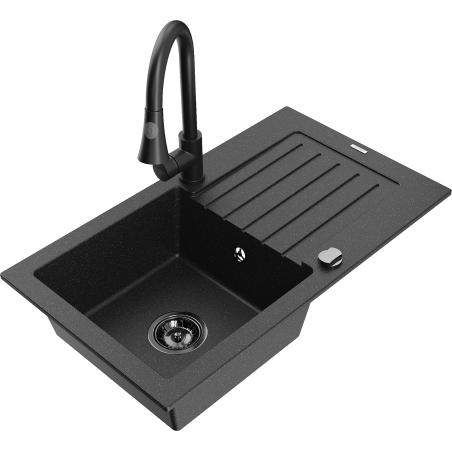 Mexen Pablo granite kitchen sink 1-bowl with drainer and Elia kitchen faucet, black/silver metallic - 6510-73-670101-70-B