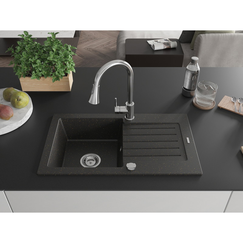 Mexen Pablo 1-bowl granite sink with drainer and Elia kitchen faucet, black/gold metallic - 6510-75-670101-00