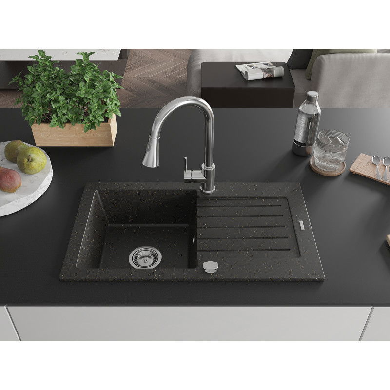 Mexen Pablo granite sink 1-bowl with drainer and Elia kitchen tap, black/gold metallic - 6510-75-670101-00