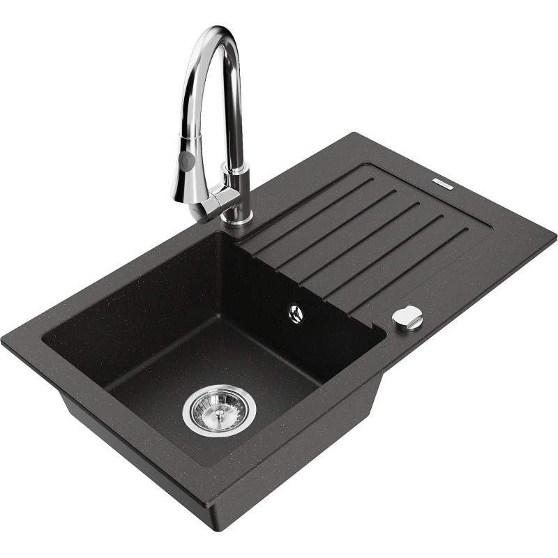 Mexen Pablo 1-bowl granite sink with drainer and Elia kitchen faucet, black/gold metallic - 6510-75-670101-00