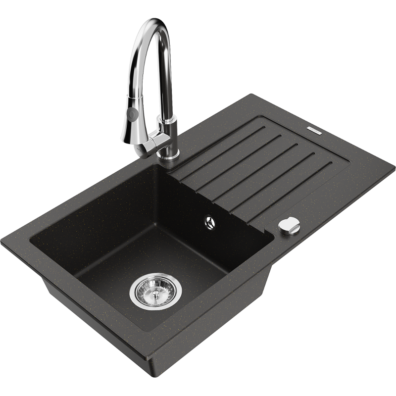 Mexen Pablo granite sink 1-bowl with drainer and Elia kitchen tap, black/gold metallic - 6510-75-670101-00