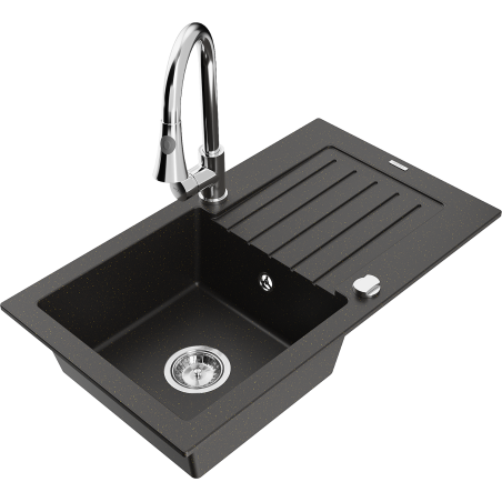 Mexen Pablo granite sink 1-bowl with drainer and Elia kitchen tap, black/gold metallic - 6510-75-670101-00