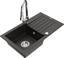 Mexen Pablo 1-bowl granite sink with drainer and Elia kitchen faucet, black/gold metallic - 6510-75-670101-00