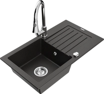 Mexen Pablo granite sink 1-bowl with drainer and Elia kitchen tap, black/gold metallic - 6510-75-670101-00