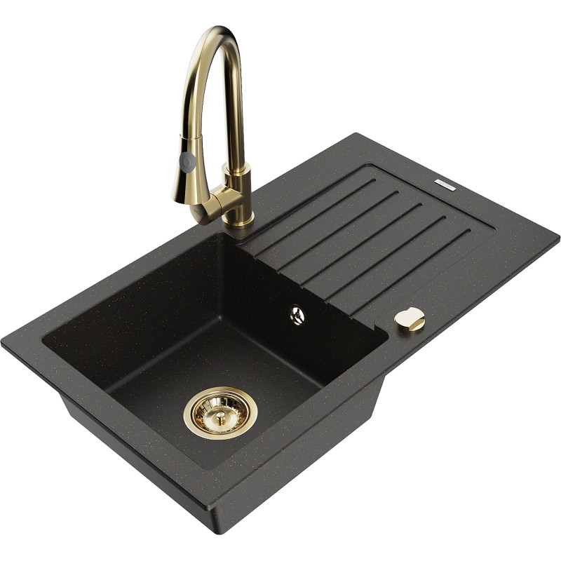 Mexen Pablo 1-bowl granite sink with drainer and kitchen faucet Elia, black/gold metallic - 6510-75-670101-50