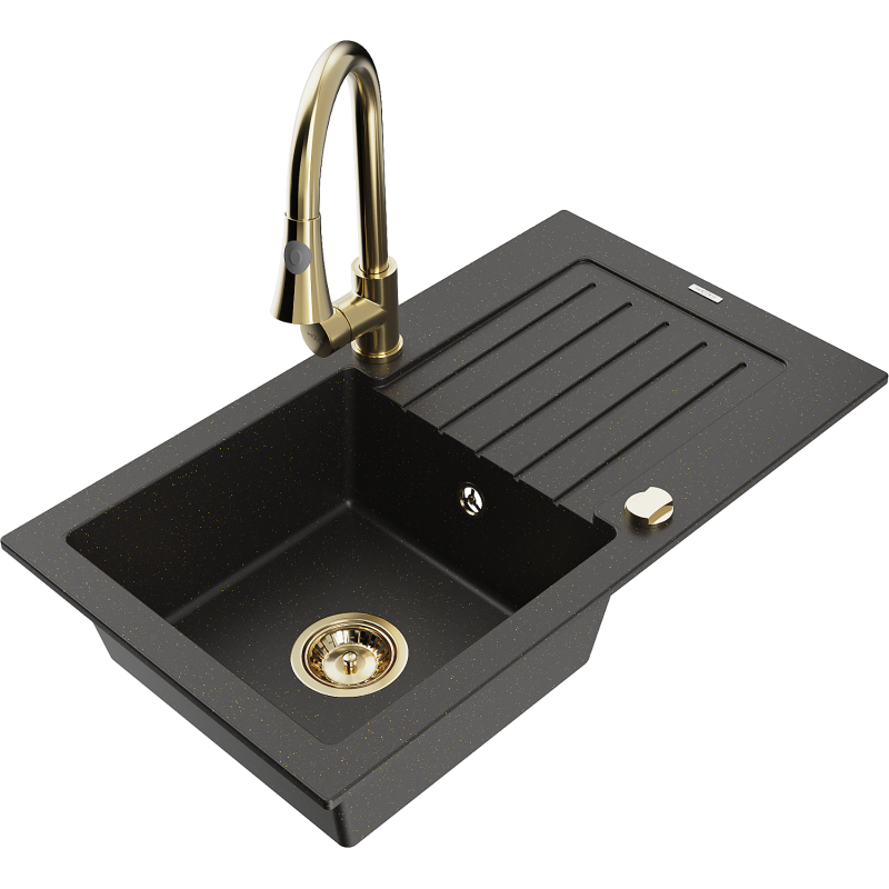 Mexen Pablo 1-compartment granite sink with a drip tray and kitchen mixer tap Elia, Black/Gold metallic - 6510-75-670101-50