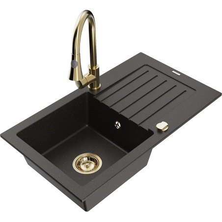 Mexen Pablo 1-bowl granite sink with drainer and kitchen faucet Elia, black/gold metallic - 6510-75-670101-50