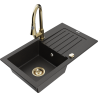 Mexen Pablo 1-bowl granite kitchen sink with drainer and Elia faucet, black/gold metallic - 6510-75-670101-50