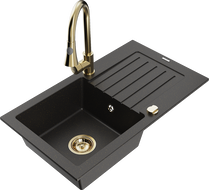 Mexen Pablo granite sink 1-bowl with drainer and Elia kitchen tap, black/gold metallic - 6510-75-670101-50