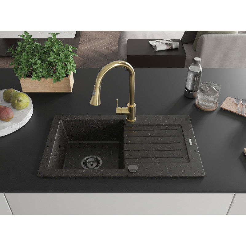 Mexen Pablo single-bowl granite sink with drainer and Elia kitchen tap, black/gold metallic - 6510-75-670101-50-B