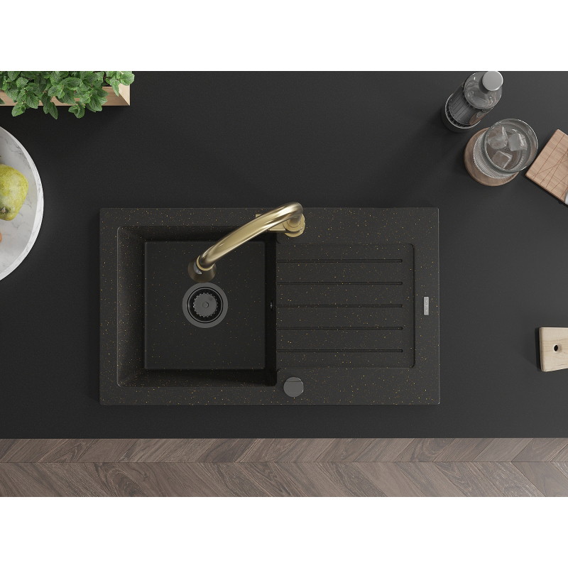 Mexen Pablo 1-bowl granite sink with drainer and Elia kitchen faucet, black/gold metallic - 6510-75-670101-50-B