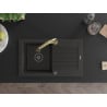 Mexen Pablo single-bowl granite sink with drainer and Elia kitchen tap, black/gold metallic - 6510-75-670101-50-B
