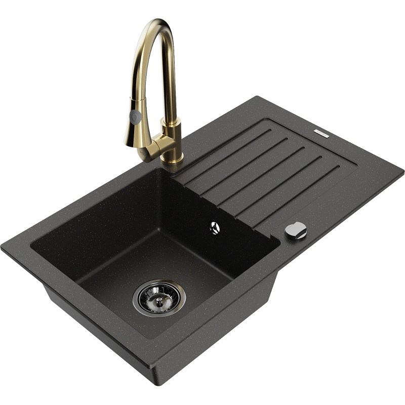 Mexen Pablo 1-bowl granite sink with drainer and Elia kitchen faucet, black/gold metallic - 6510-75-670101-50-B