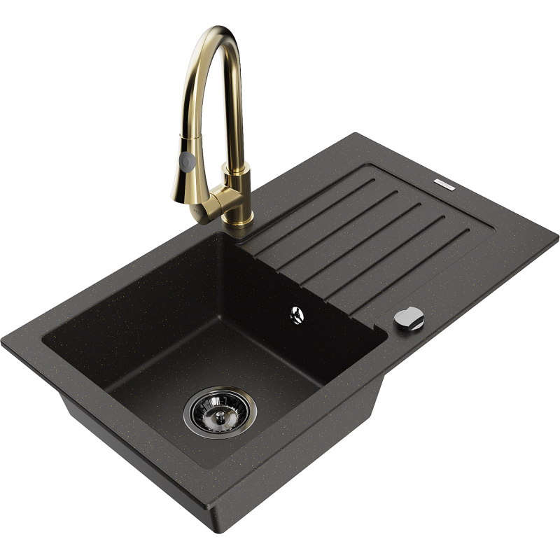 Mexen Pablo single-bowl granite sink with drainer and Elia kitchen tap, black/gold metallic - 6510-75-670101-50-B