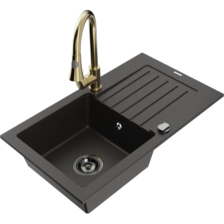 Mexen Pablo 1-bowl granite sink with drainer and Elia kitchen faucet, black/gold metallic - 6510-75-670101-50-B