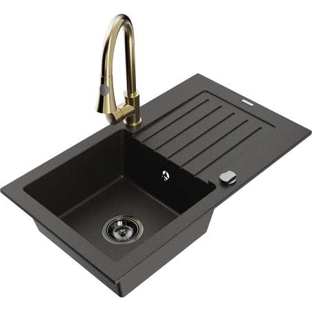 Mexen Pablo single-bowl granite sink with drainer and Elia kitchen tap, black/gold metallic - 6510-75-670101-50-B