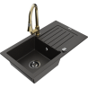 Mexen Pablo single-bowl granite sink with drainer and Elia kitchen faucet, black/gold metallic - 6510-75-670101-50-B