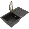 Mexen Pablo single-bowl granite sink with drainer and Elia kitchen tap, black/gold metallic - 6510-75-670101-50-B