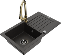 Mexen Pablo single-bowl granite sink with drainer and Elia kitchen faucet, black/gold metallic - 6510-75-670101-50-B