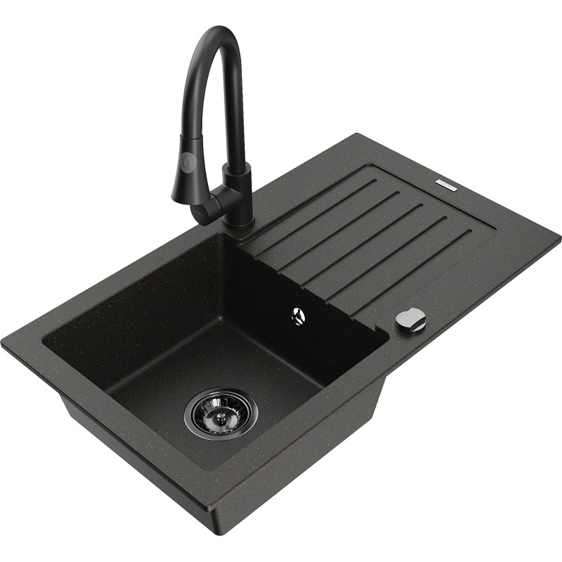 Mexen Pablo 1-bowl granite sink with drainer and Elia kitchen faucet, black/gold metallic - 6510-75-670101-70-B