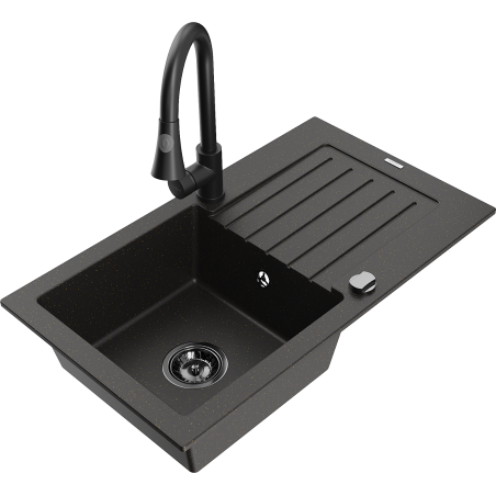 Mexen Pablo 1-bowl granite sink with drainer and Elia kitchen faucet, black/golden metallic - 6510-75-670101-70-B