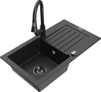 Mexen Pablo 1-bowl granite sink with drainer and Elia kitchen faucet, black/gold metallic - 6510-75-670101-70-B