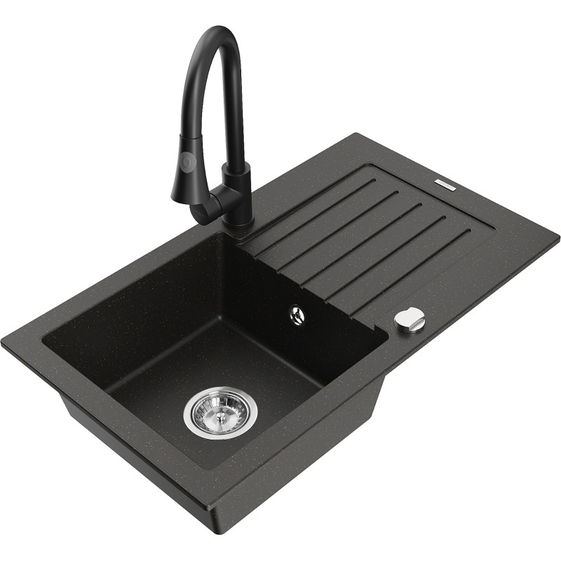 Mexen Pablo 1-bowl granite sink with drainer and Elia kitchen faucet, black/gold metallic - 6510-75-670101-70