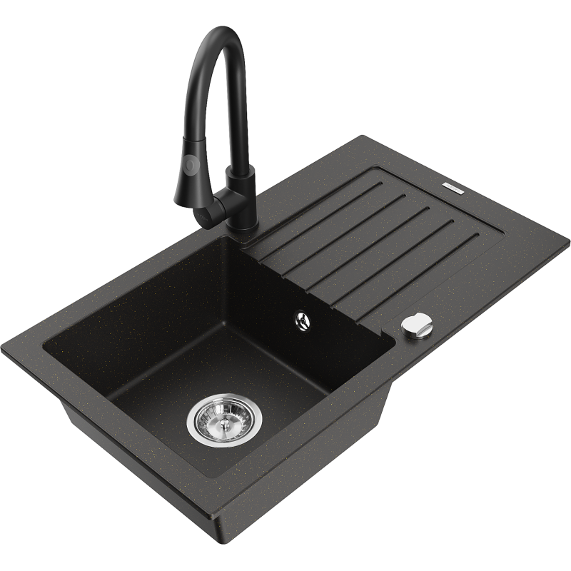 Mexen Pablo 1-compartment granite sink with a drip tray and kitchen mixer tap Elia, Black/Gold metallic - 6510-75-670101-70