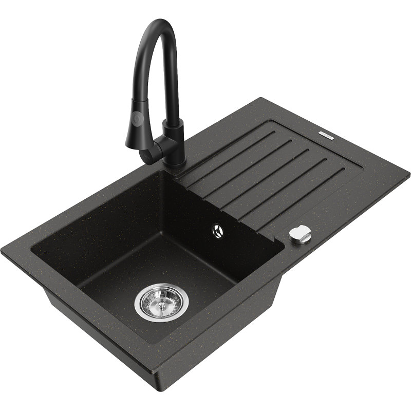 Mexen Pablo granite sink 1-bowl with drainer and Elia kitchen tap, black/gold metallic - 6510-75-670101-70
