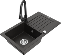 Mexen Pablo 1-bowl granite sink with drainer and Elia kitchen faucet, black/gold metallic - 6510-75-670101-70