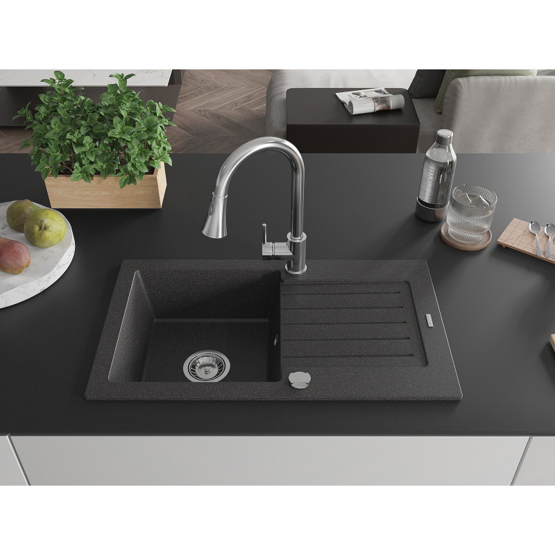 Mexen Pablo 1-bowl granite sink with drainer and Elia kitchen faucet, black speckled - 6510-76-670101-00