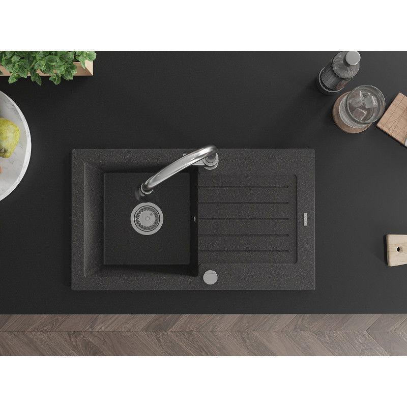 Mexen Pablo granite sink 1-bowl with drainer and Elia kitchen faucet, black speckled - 6510-76-670101-00