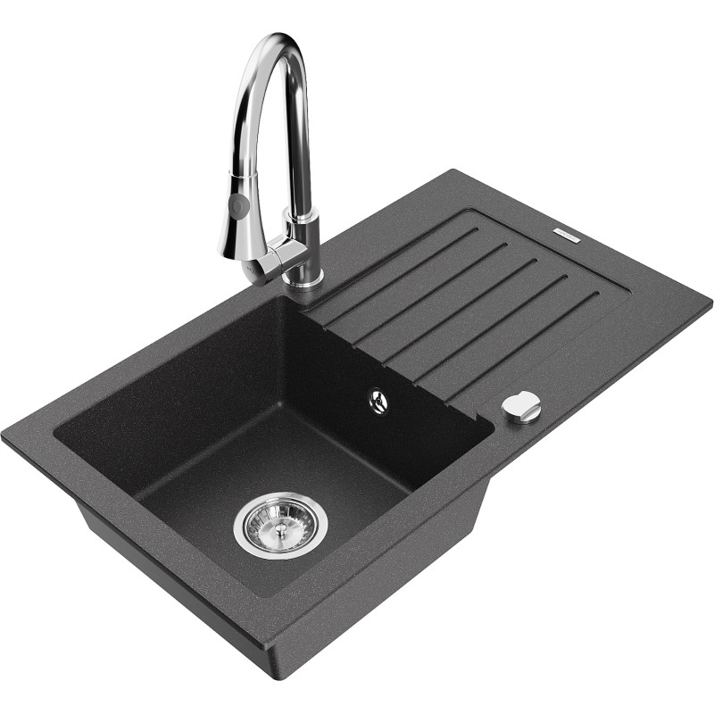Mexen Pablo 1-bowl granite sink with drainer and Elia kitchen faucet, black speckled - 6510-76-670101-00