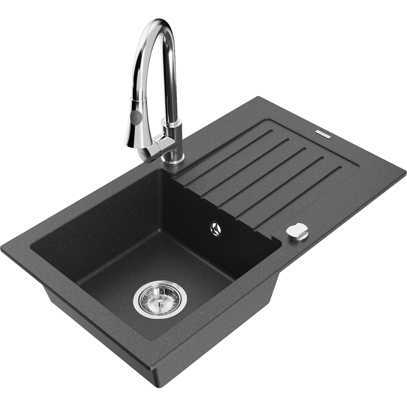 Mexen Pablo granite sink 1-bowl with drainer and Elia kitchen faucet, black speckled - 6510-76-670101-00