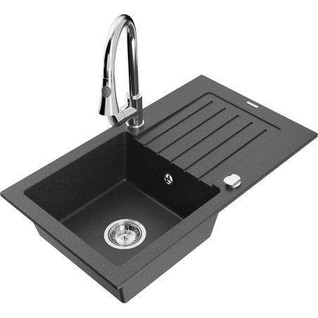 Mexen Pablo granite sink 1-bowl with drainer and kitchen faucet Elia, black speckled - 6510-76-670101-00