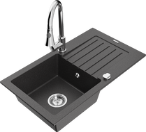 Mexen Pablo granite sink 1-bowl with drainer and kitchen faucet Elia, black speckled - 6510-76-670101-00