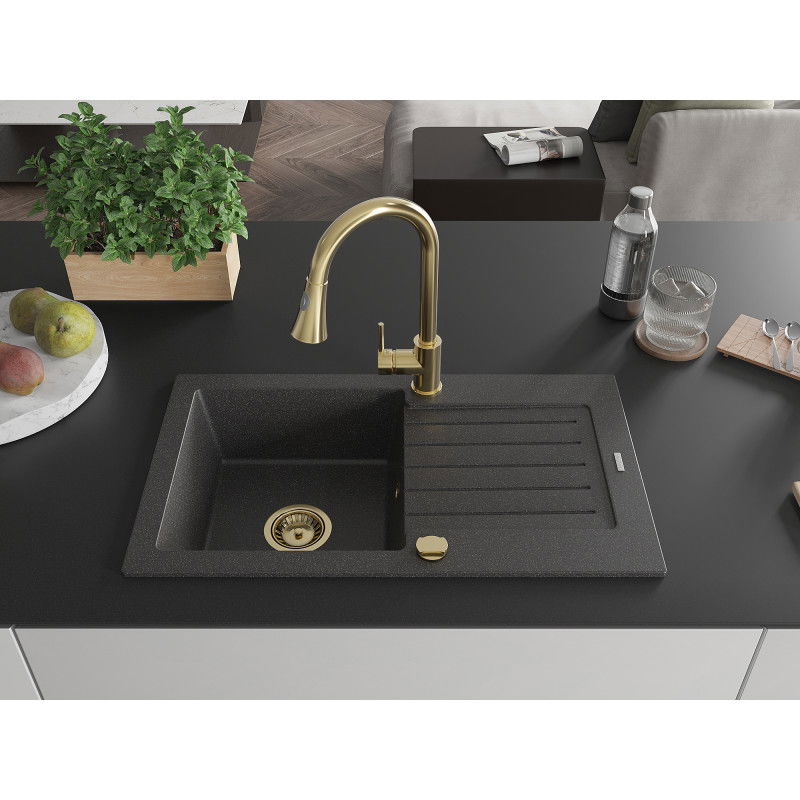 Mexen Pablo granite kitchen sink, 1-bowl with drainer and Elia kitchen tap, black speckled - 6510-76-670101-50