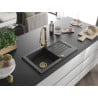 Mexen Pablo granite kitchen sink, 1-bowl with drainer and Elia kitchen tap, black speckled - 6510-76-670101-50