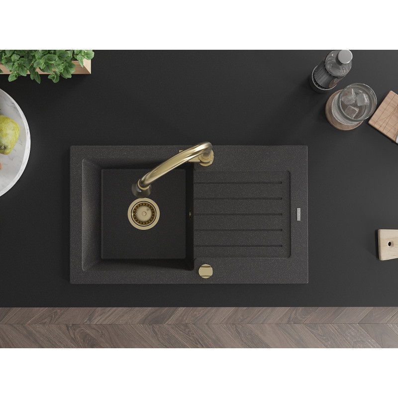 Mexen Pablo granite kitchen sink, 1-bowl with drainer and Elia kitchen tap, black speckled - 6510-76-670101-50