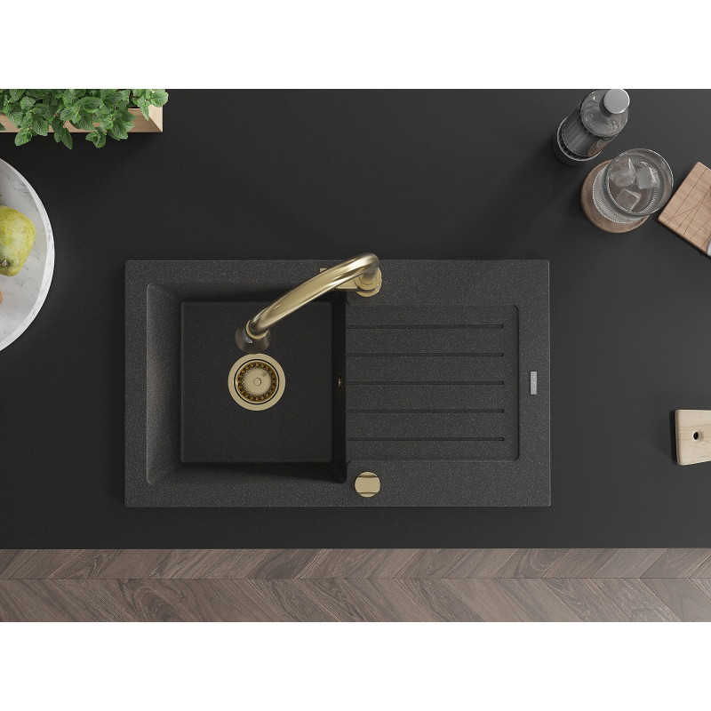 Mexen Pablo single-bowl granite sink with drainer and Elia kitchen faucet, speckled black - 6510-76-670101-50
