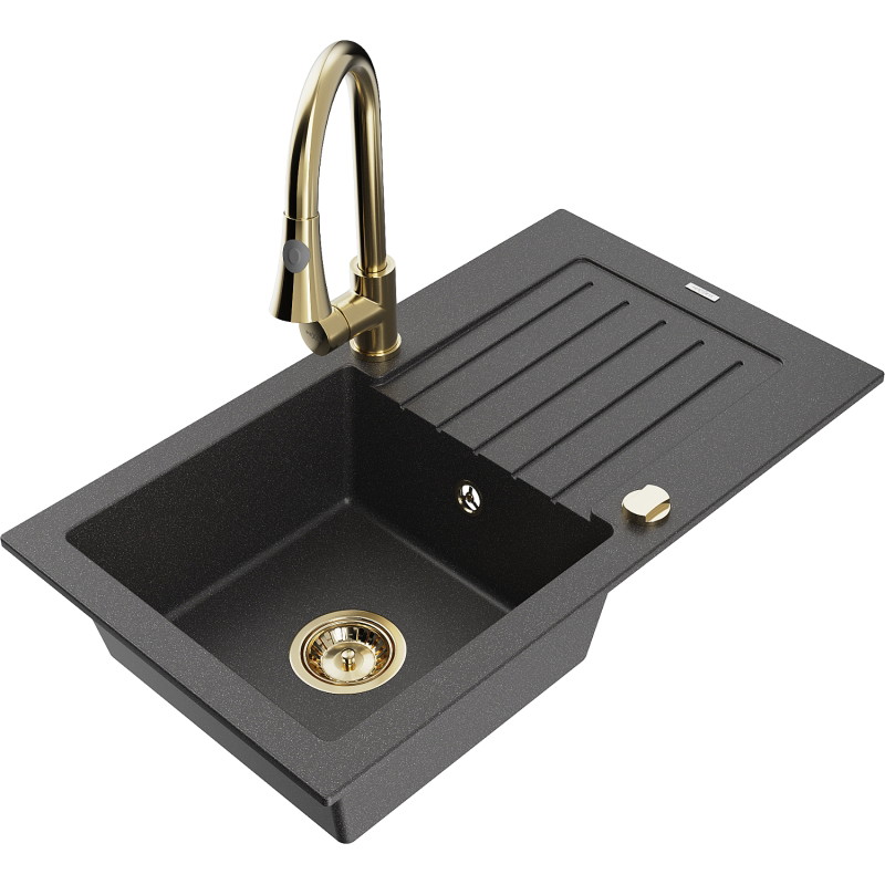 Mexen Pablo granite kitchen sink 1-bowl with drainer and Elia kitchen faucet, speckled black - 6510-76-670101-50