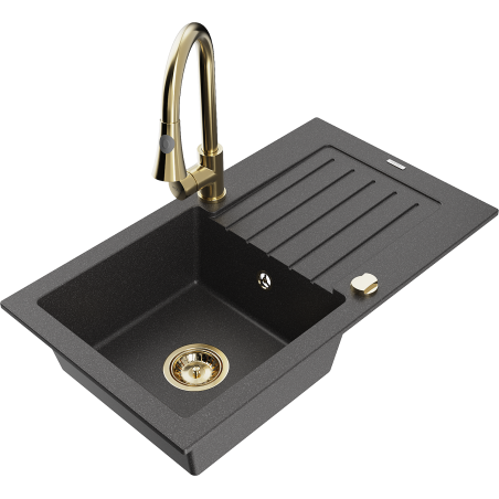 Mexen Pablo granite kitchen sink, 1-bowl with drainer and Elia kitchen tap, black speckled - 6510-76-670101-50