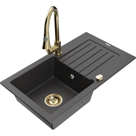 Mexen Pablo single-bowl granite sink with drainer and Elia kitchen faucet, speckled black - 6510-76-670101-50