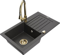 Mexen Pablo granite kitchen sink, 1-bowl with drainer and Elia kitchen tap, black speckled - 6510-76-670101-50